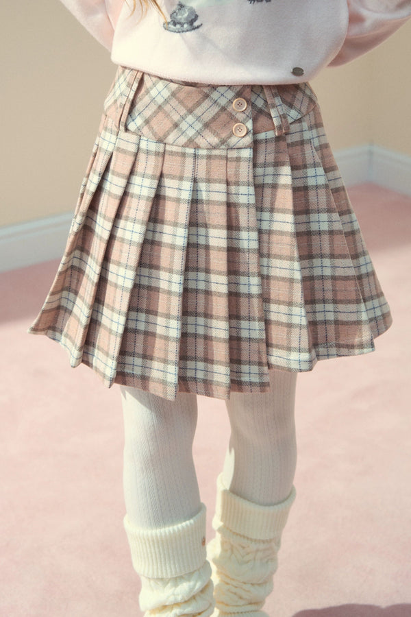 Pink Plaid Wool Pleated Skirt