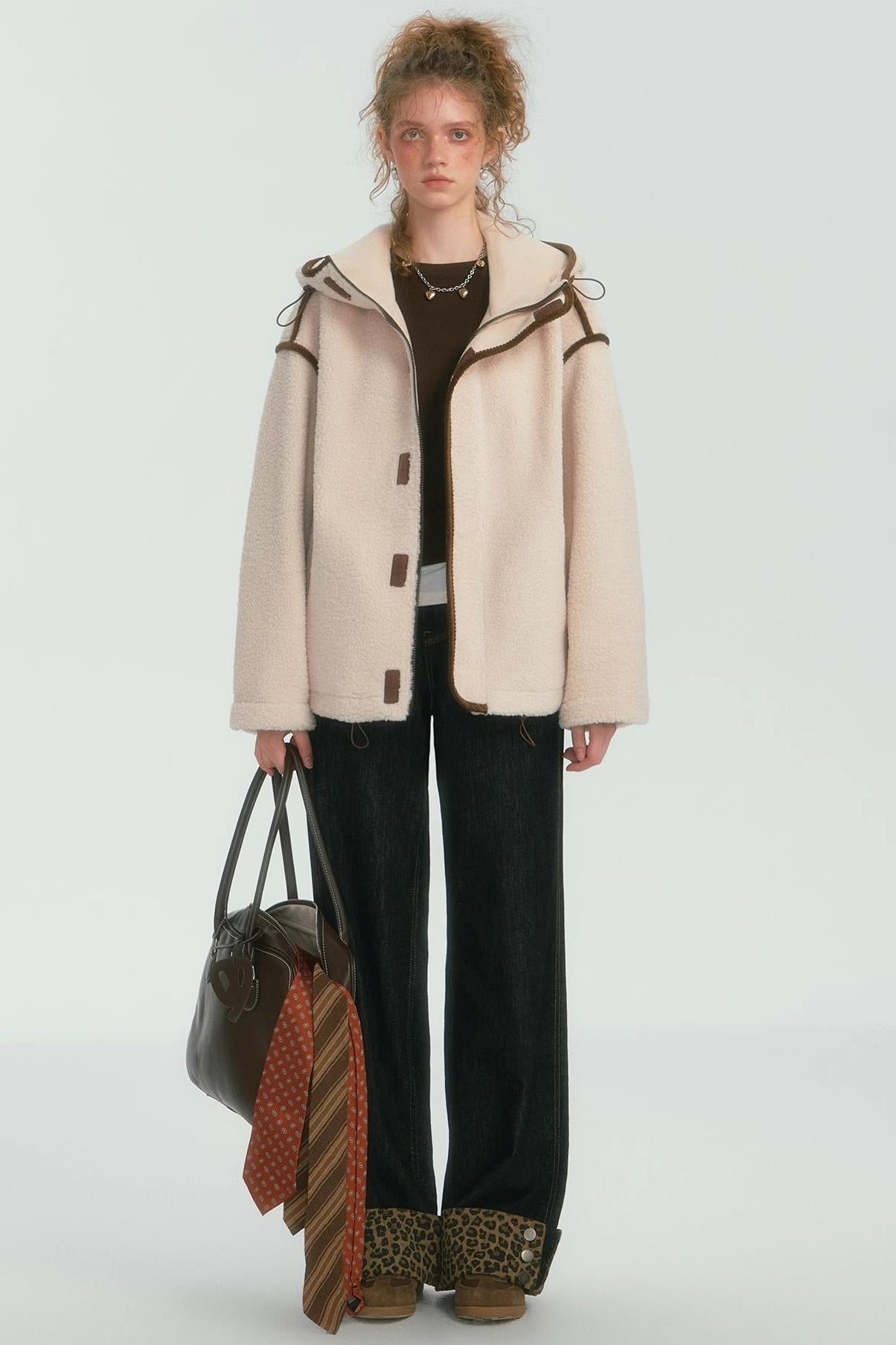 Contrast Piping Fleece Coat