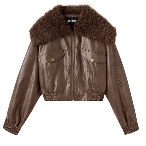 fur collar stitching pu leather jacket