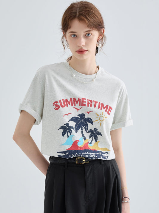 VEGA CHANG Kurzarm-T-Shirt Damen Sommer 2024 neue kontrastierenden Druck lässig Resort Style Crewneck Top