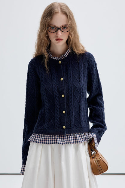 Check Stitching Knitwear College Top