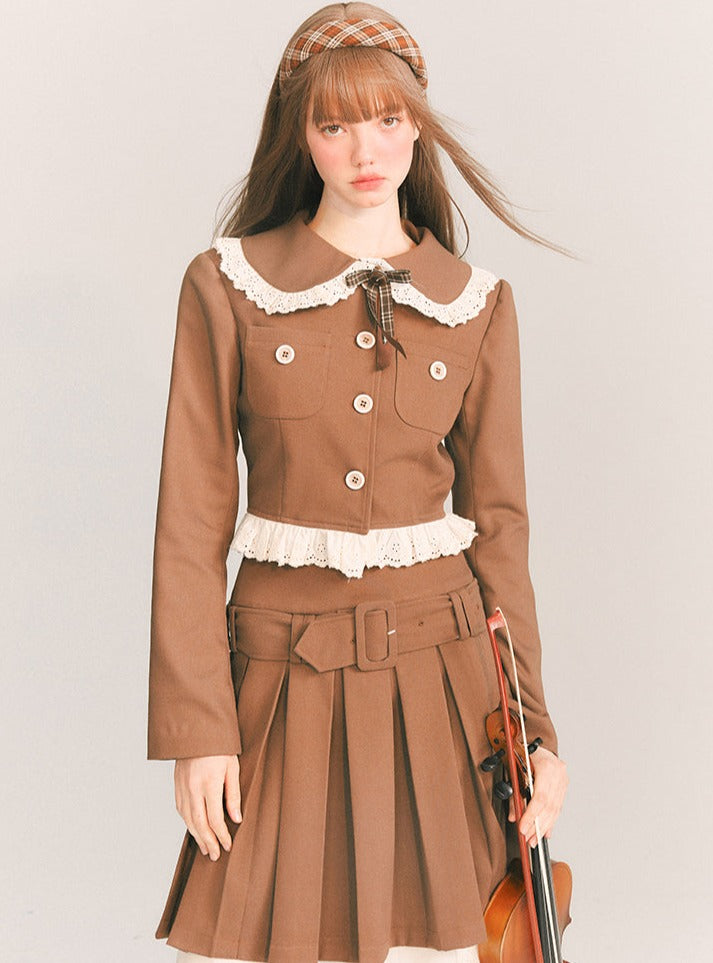 Lace Waist Pleated Skirt With Jacket Set