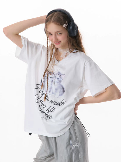 Retro Cat Print V-Neck T-Shirt