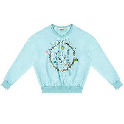 Cat Print Drawstring Loose Sweatshirt