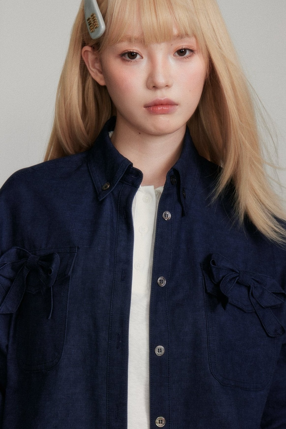 VERSATILE NAVY BOW DENIM SHIRT