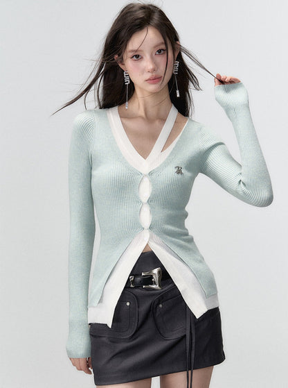 Cropped fake two irregular long sleeve knit top