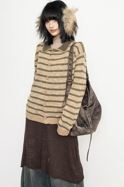 Vintage Striped Lapel Knit Sweater