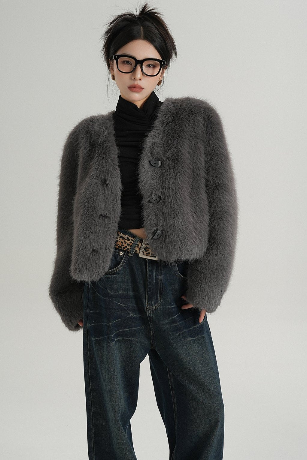 High-End Gray Eco-Friendly Fur Coat