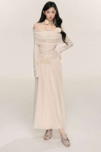 Long-Sleeve One-Shoulder Maxi Dress