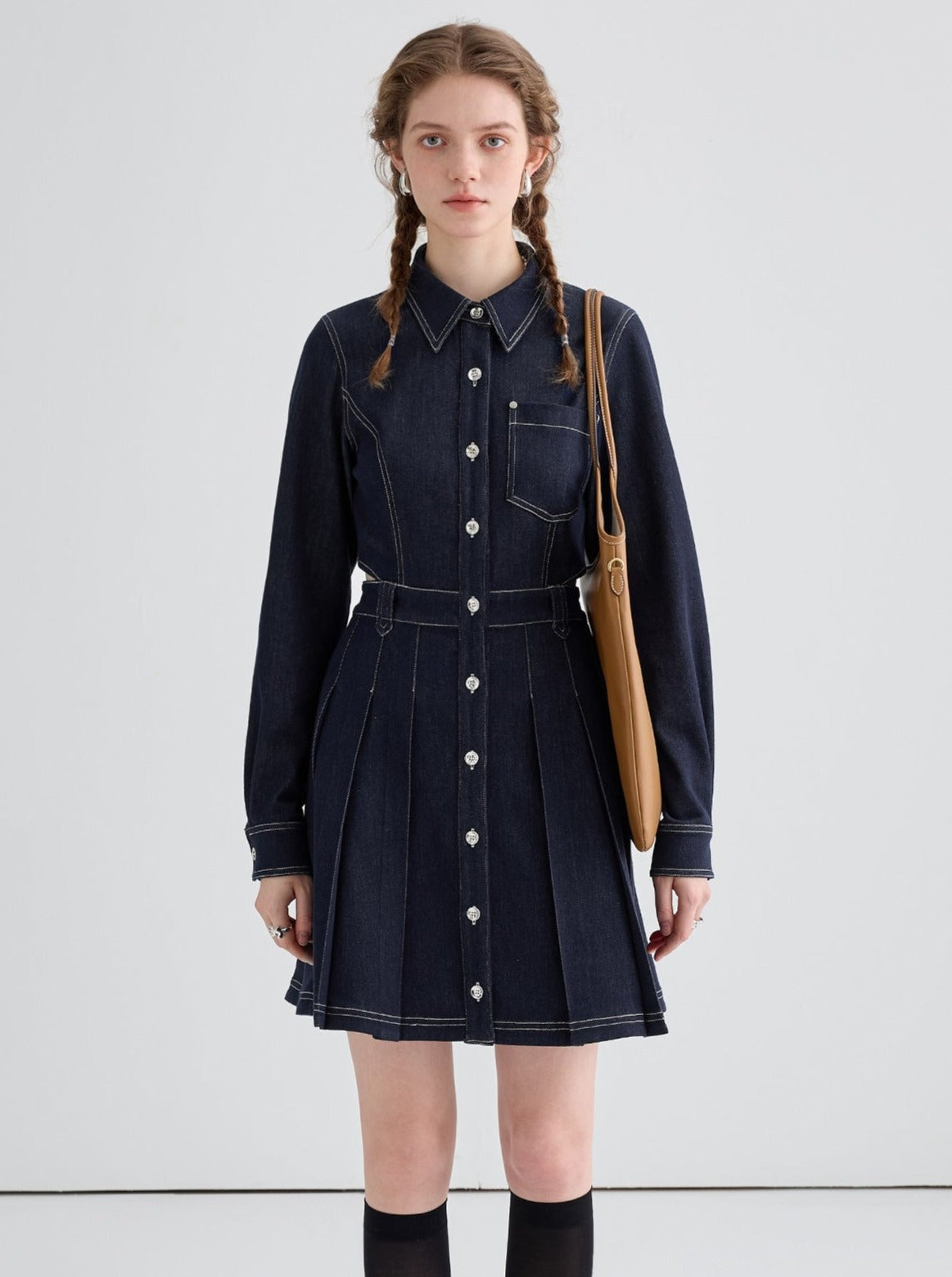 Back waist hollow dark blue denim dress