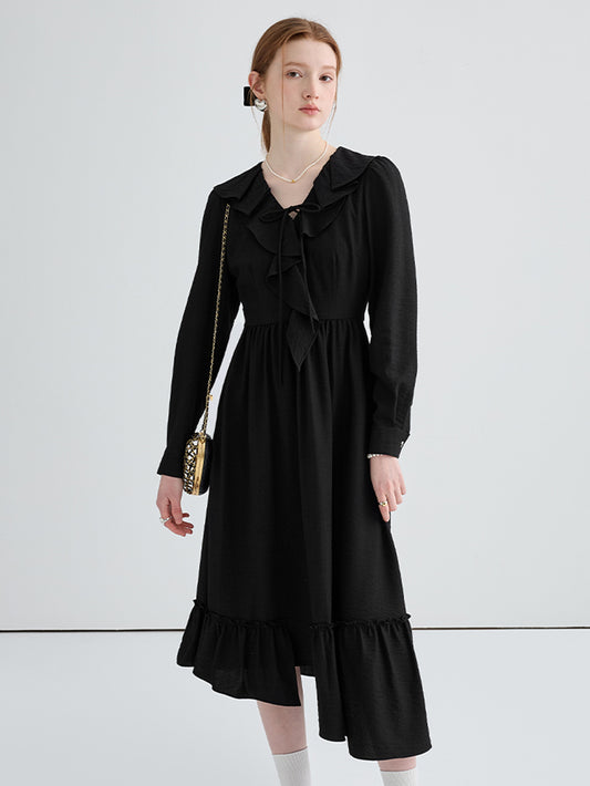 Black Irregular Ruffle Long Dress