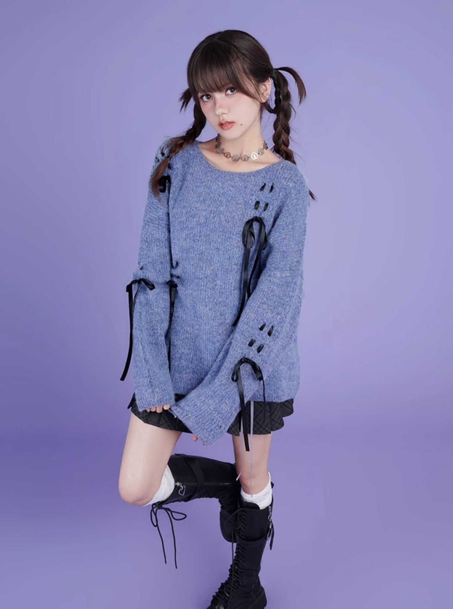 Lace-up Bow Crew Neck Sweater Loose Top