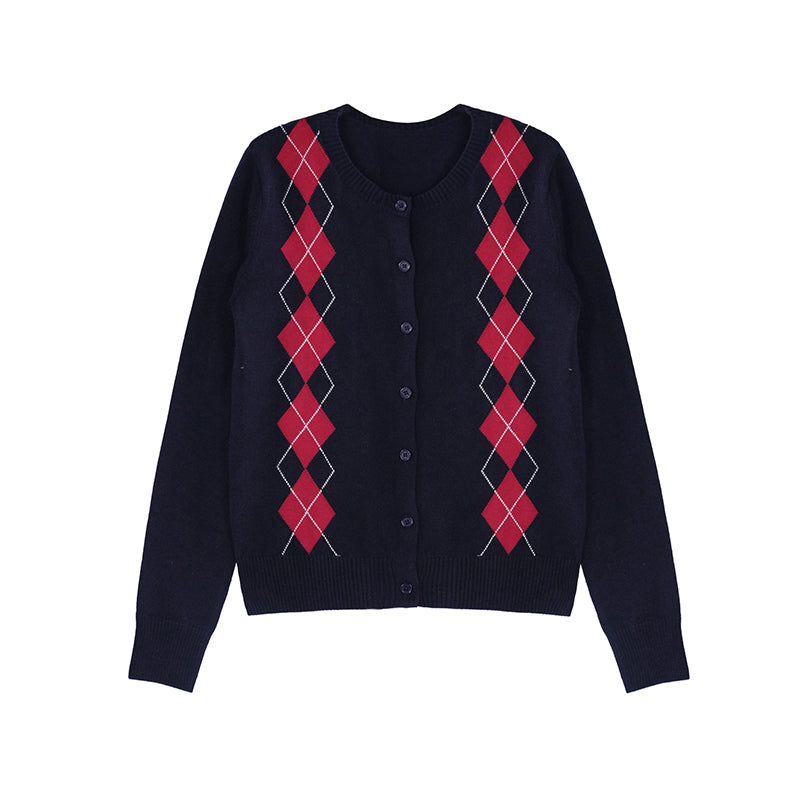 Navy Retro Check Wool Knit Cardigan