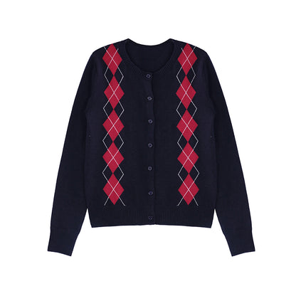 Navy Retro Check Wool Knit Cardigan