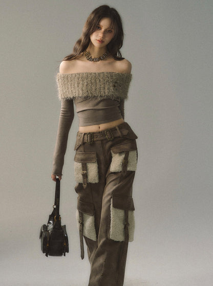 Straight Shoulder Design Sense Furry Sweater