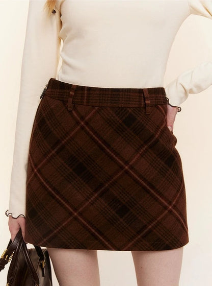 Retro Plaid Tweed A-Line Versatile Tweed Skirt