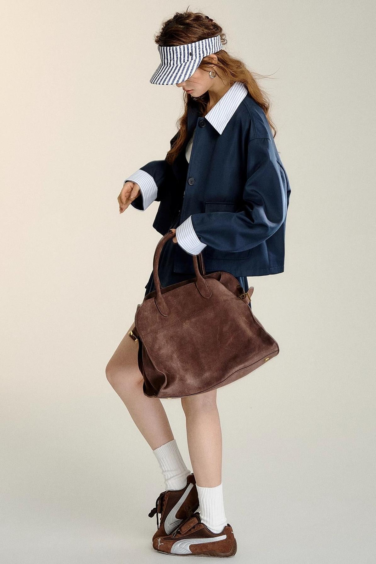 Patchwork Striped Trench Coat Skirt Set-Up