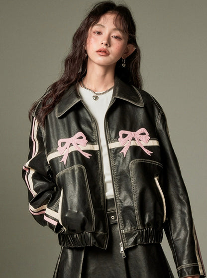 sweet cool bow leather coat