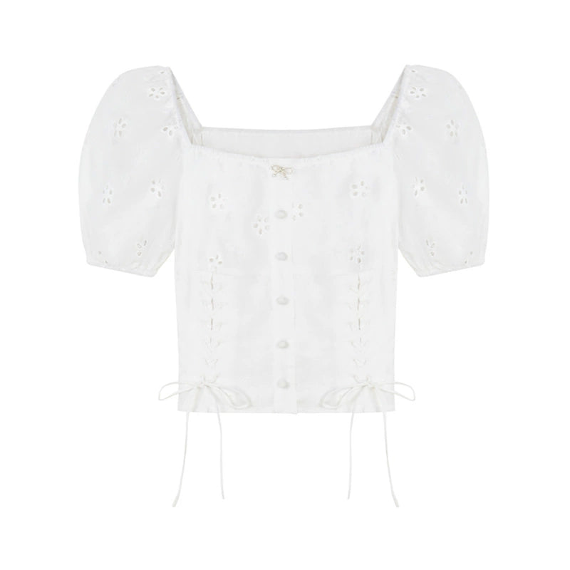 French Square Neck Jacquard White Shirt