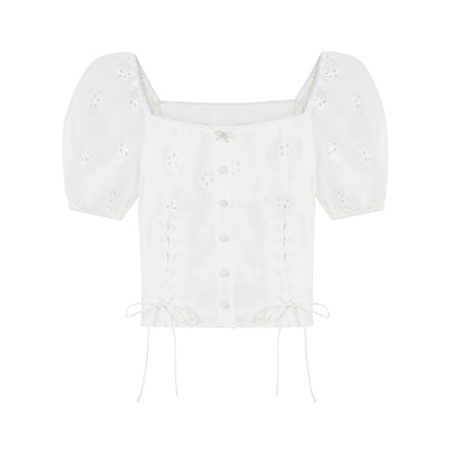 French Square Neck Jacquard White Shirt