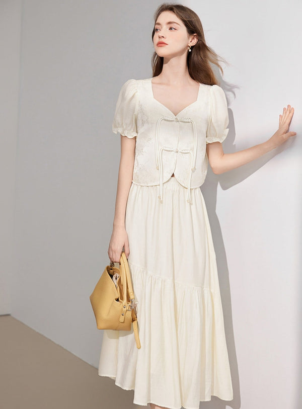 Chinese White And Black Skirt Set