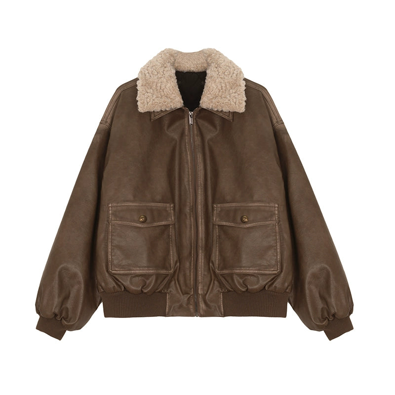 American retro fur collar leather jacket
