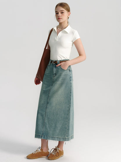 Retro Blue Washed Denim Skirt