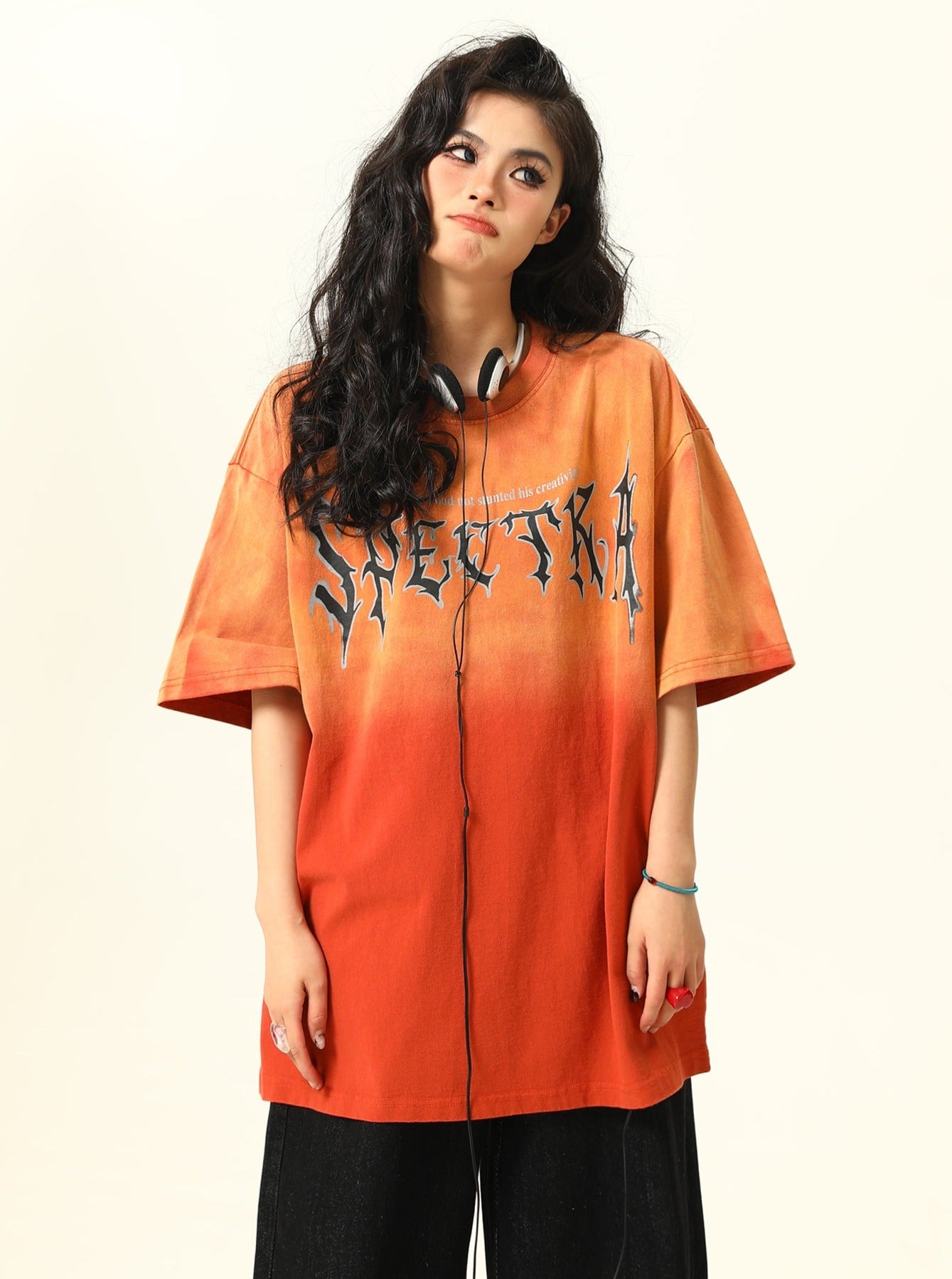 Wash Gradient Letter Short Sleeve T-Shirt