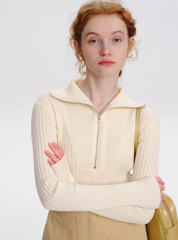 French half-zipper pullover knit sweater