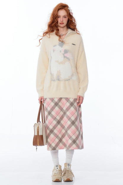 Pink Gray Check Woolen Skirt