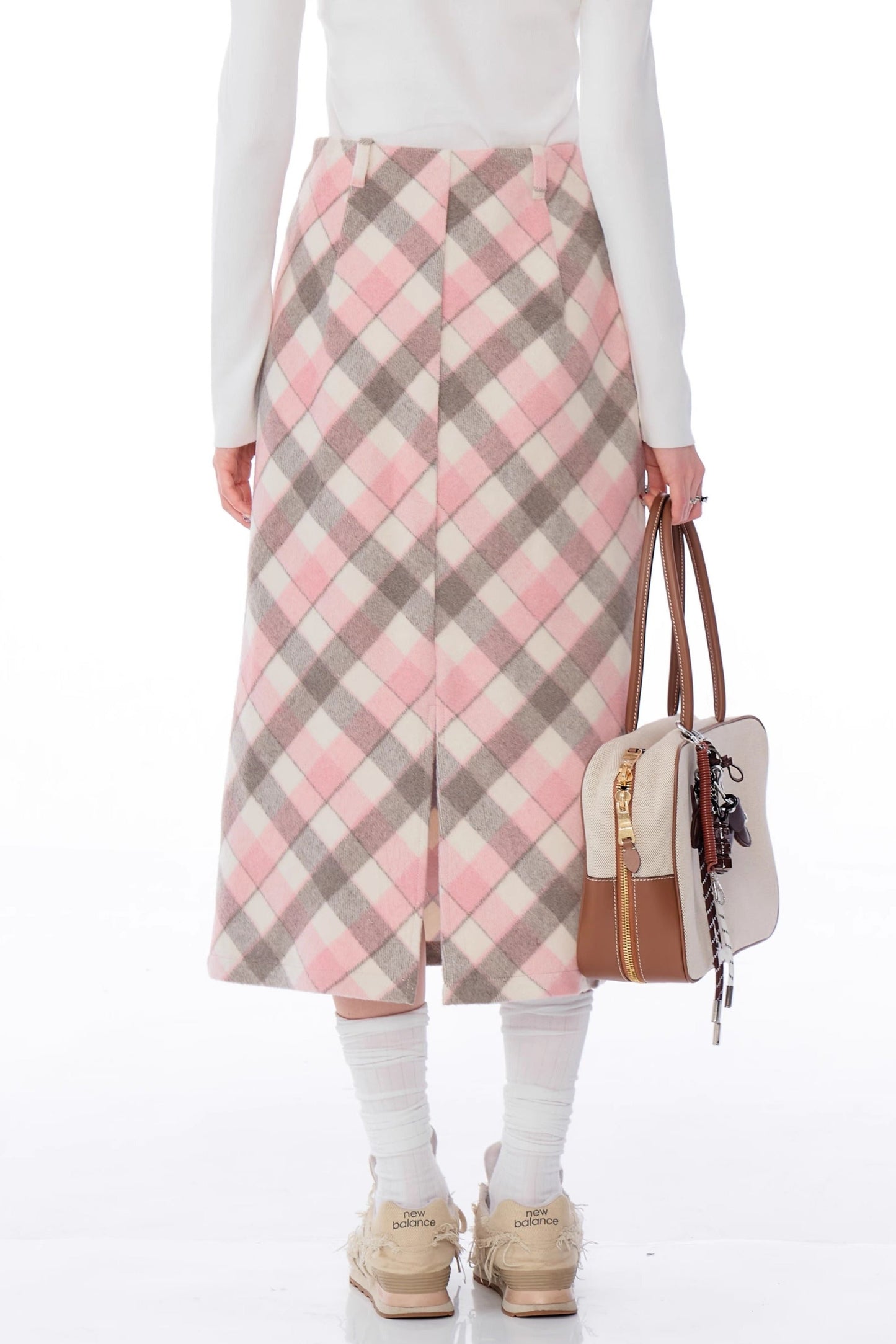 Pink Gray Check Woolen Skirt