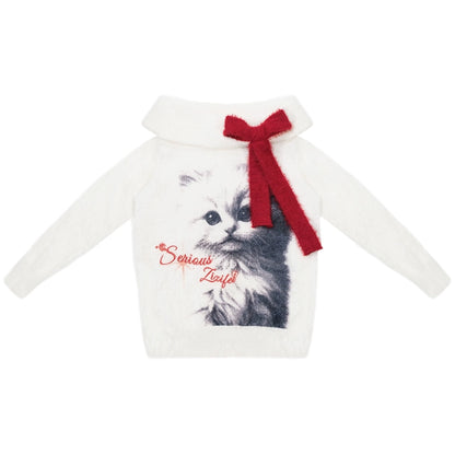 Cat Print Off-Shoulder Sweater