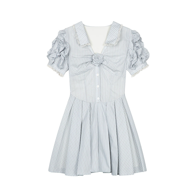Blue Striped Bubble Sleeve Floral Pleated Dress