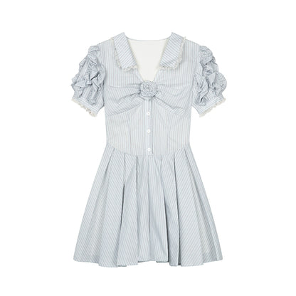 Blue Striped Bubble Sleeve Floral Pleated Dress