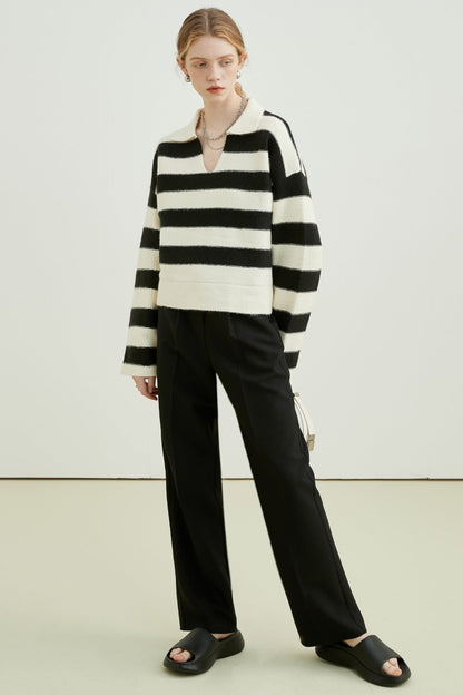 VEGA CHANG Sweater Women's Fall 2024 New Lazy Premium Polo Collar College Style Striped Knit