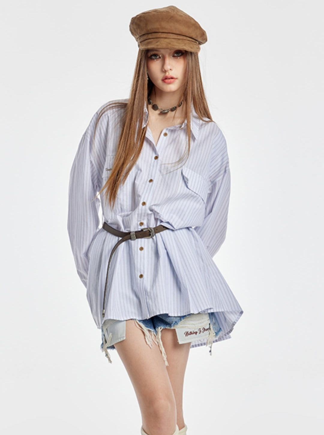 American Blue And White Long-sleeved Shirt