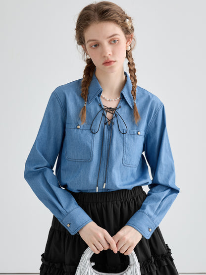 Retro denim lace-up shirt