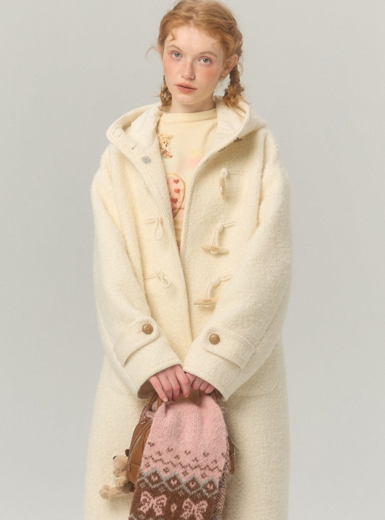 Hooded horn-button thickened woolen coat