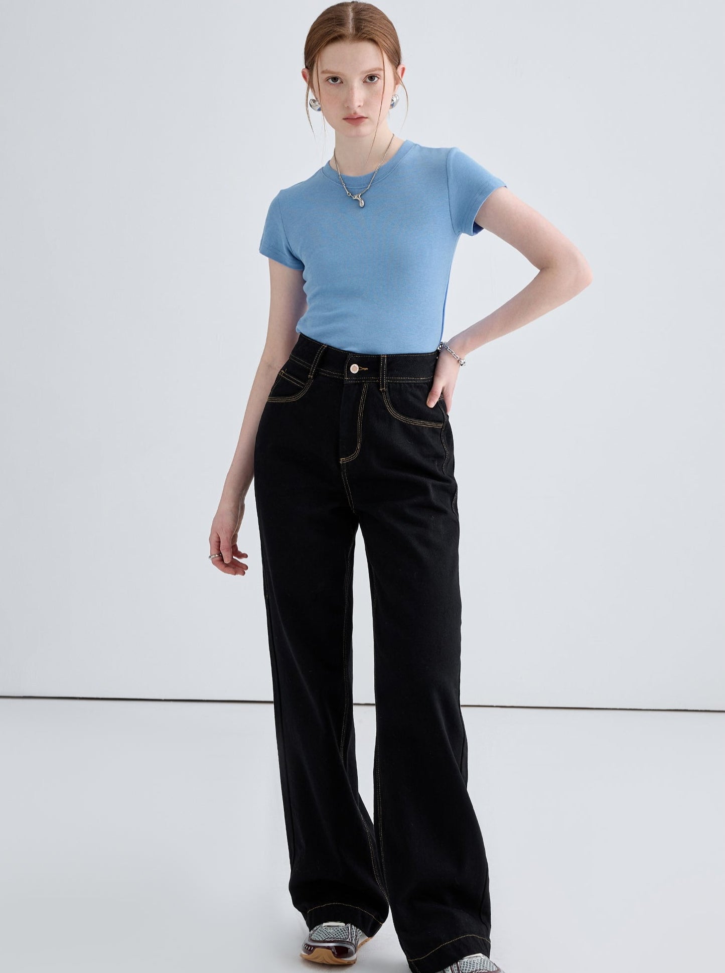 Mid-high waist straight wide-leg pants