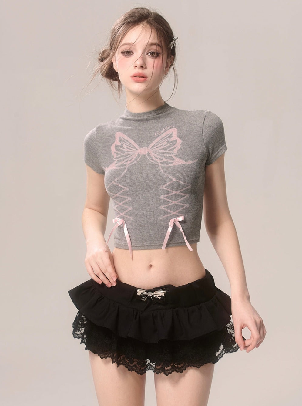 Gray White Butterfly Top