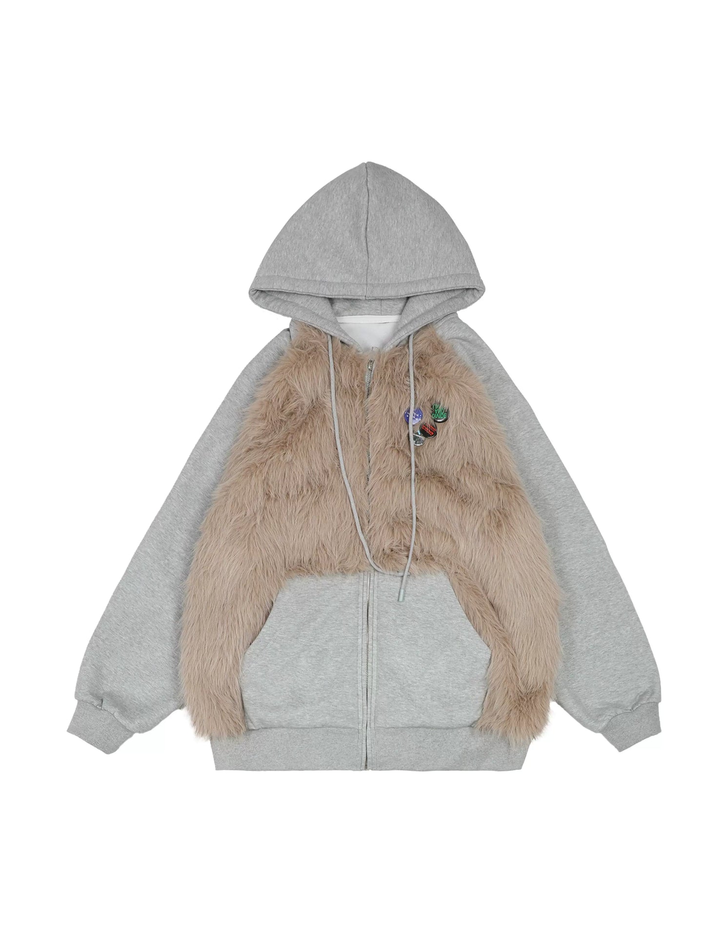 Gray Hooded Fur Cardigan Jacket