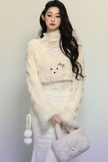 Plush Lace Short Sweater & Fishtail Skirt Set-Up