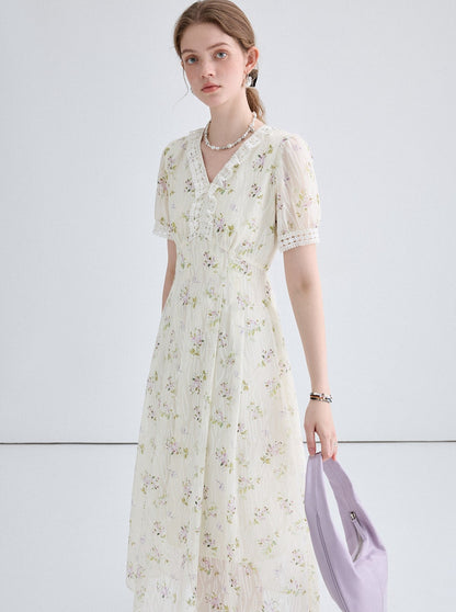 Lace Collar Slim Floral Dress