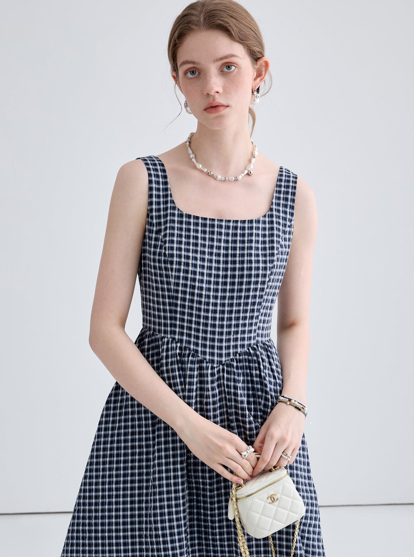 Vintage Blue Shirt With Contrast Check A-Line Dress Set-Up