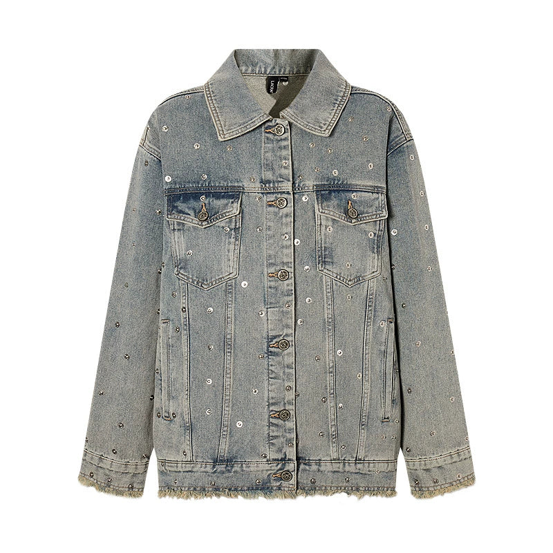 Denim Studded Jacket With Short Skirt Set-Up