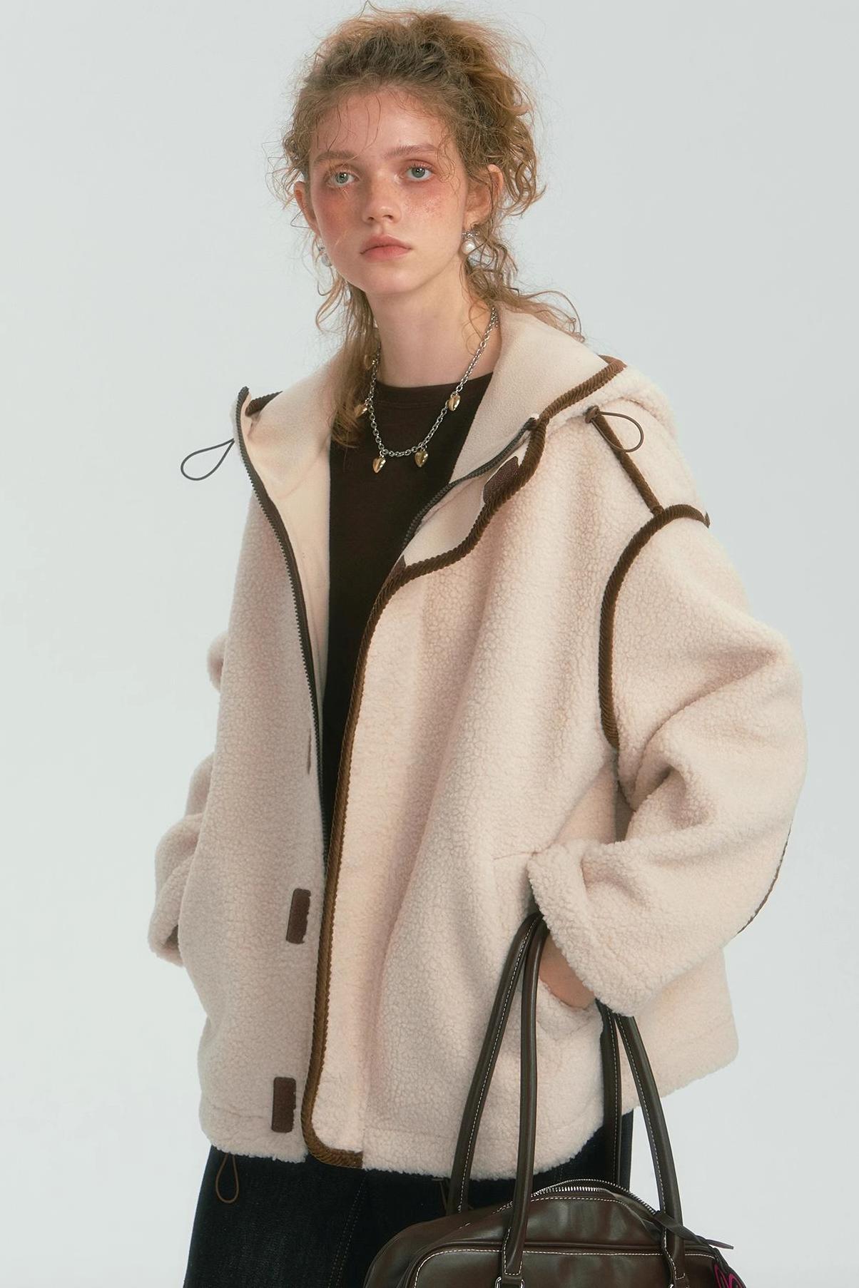 Contrast Piping Fleece Coat