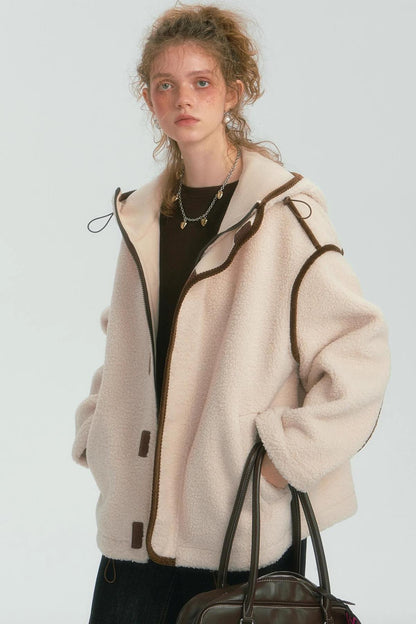 Contrast Piping Fleece Coat