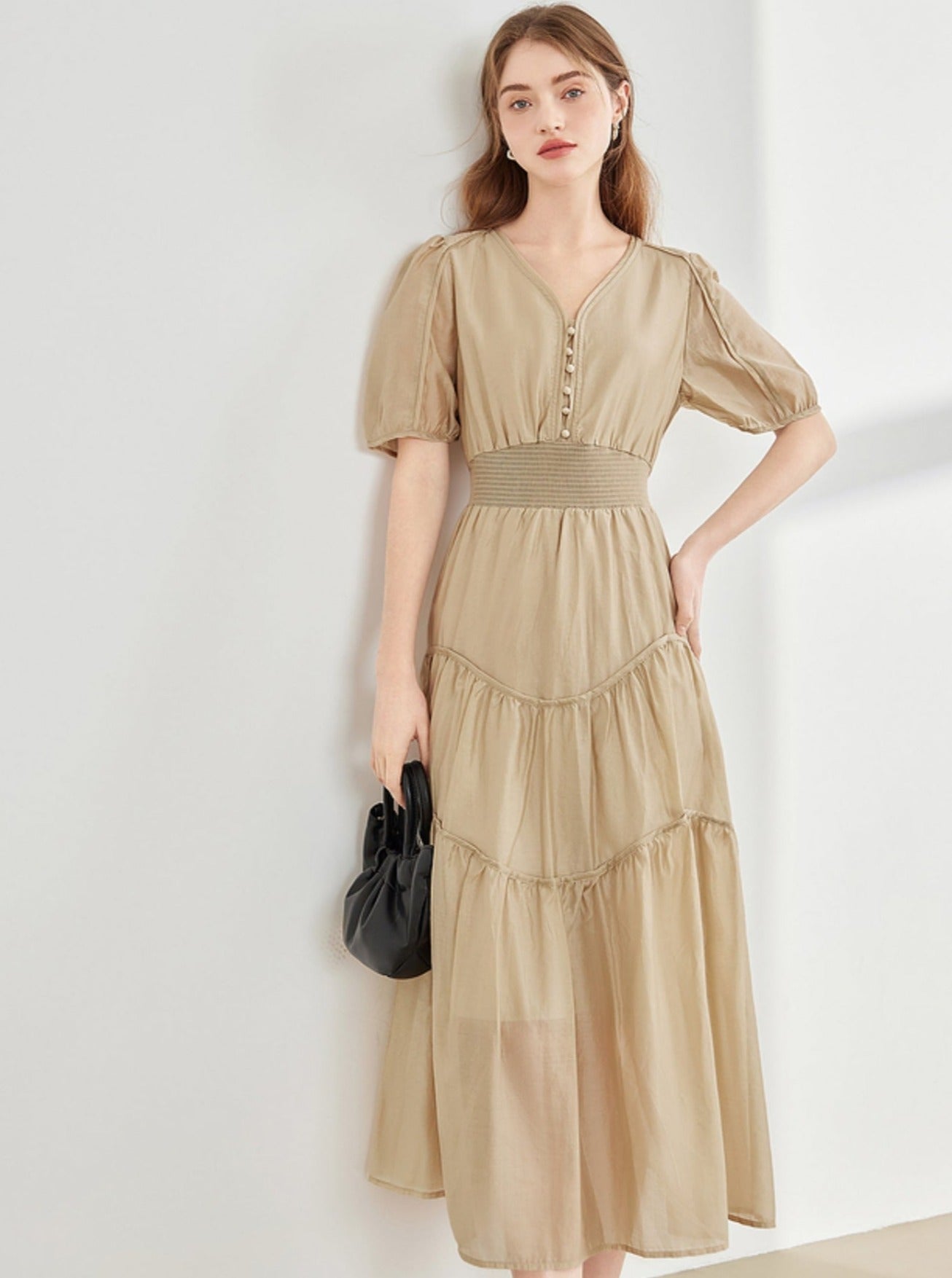 French Elegant V-Neck Puff Sleeve Dress