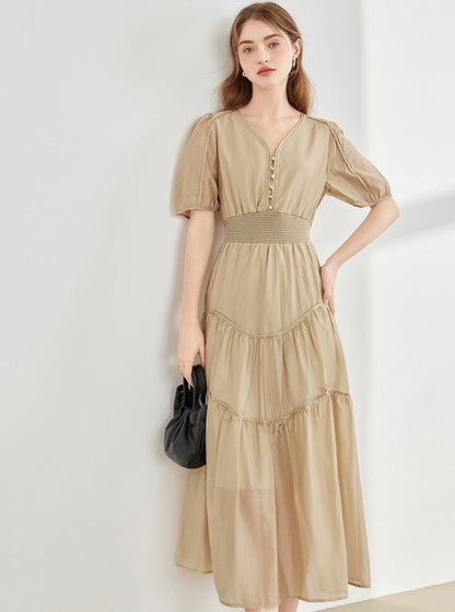 French Elegantes Kleid mit V-Ausschnitt und Puffärmel