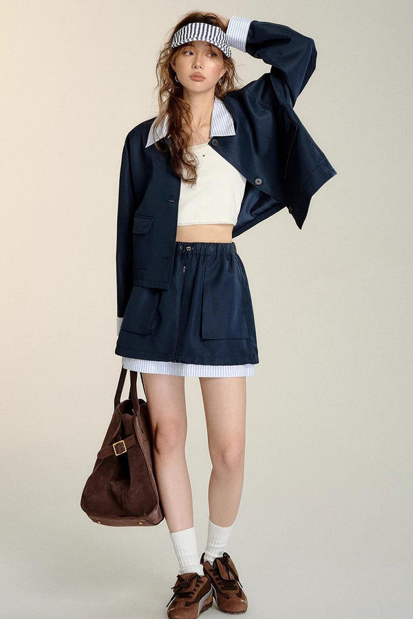 Patchwork Striped Trench Coat Skirt Set-Up